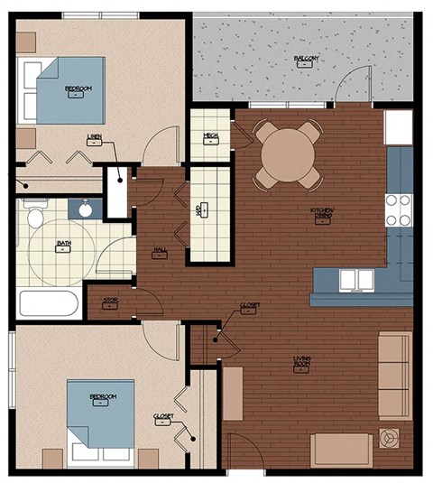 Floor plan for 2 beds, 1 bath, 882 sqft